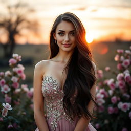 A stunning 35-year-old Russian woman, featuring long flowing dark hair and captivating green eyes, wearing an elegant evening gown that accentuates her figure