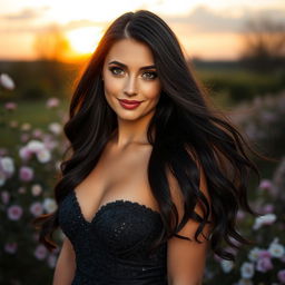 A stunning 35-year-old Russian woman, featuring long flowing dark hair and captivating green eyes, wearing an elegant evening gown that accentuates her figure