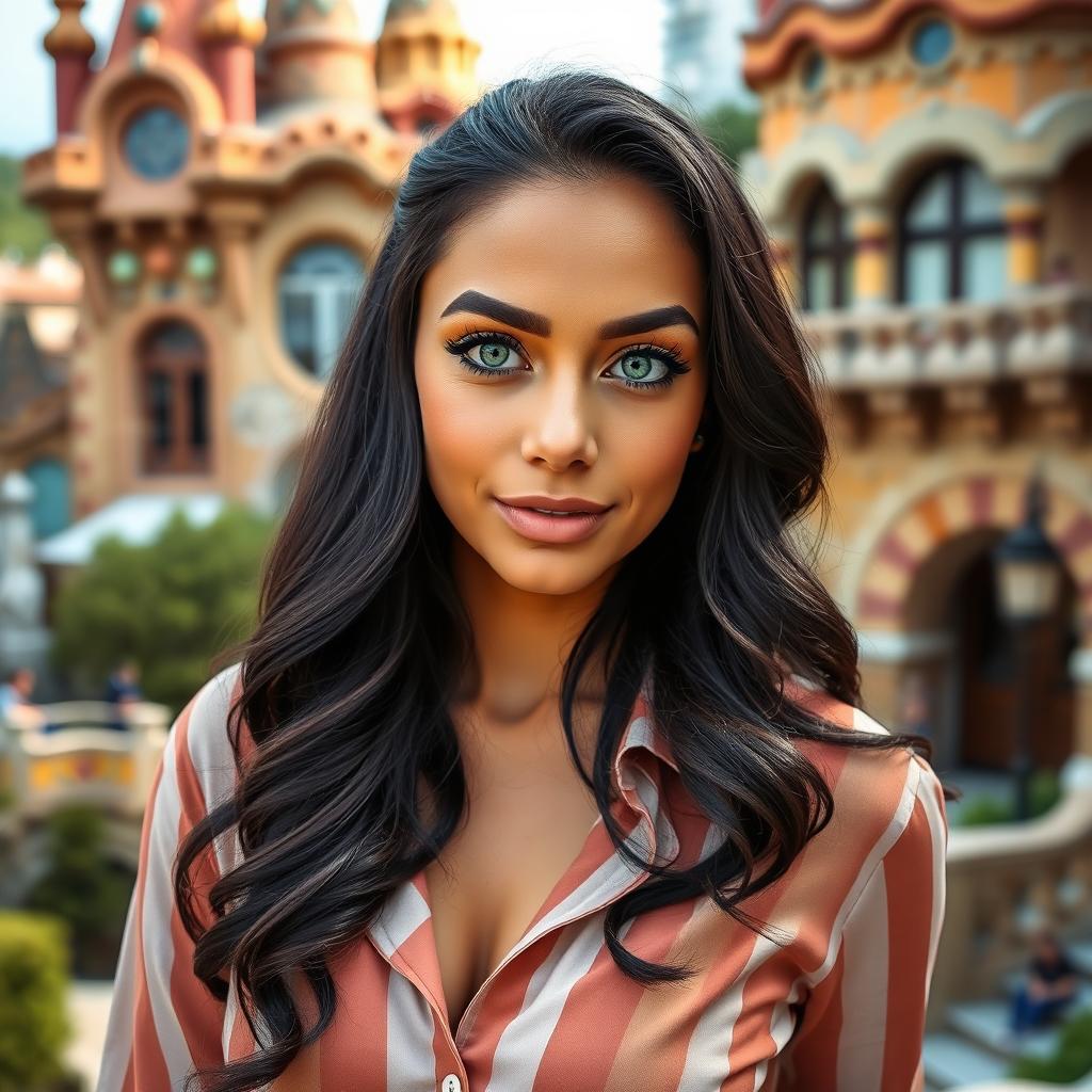 A full-body portrait of a 35-year-old woman posing confidently in a stylish shirt at Park Güell