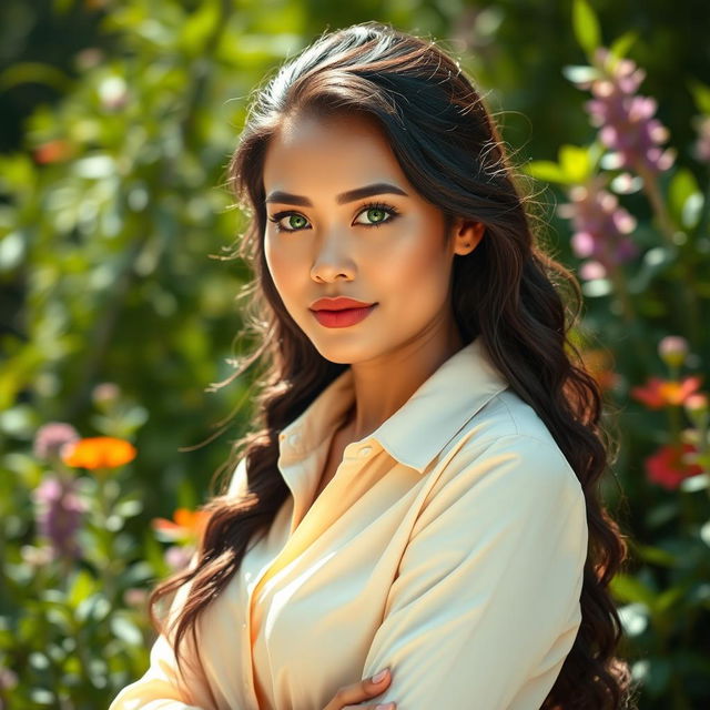 A full-body portrait of a 35-year-old woman standing gracefully in a natural setting, dressed in a stylish shirt that blends beautifully with the surroundings