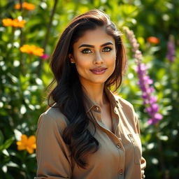 A full-body portrait of a 35-year-old woman standing gracefully in a natural setting, dressed in a stylish shirt that blends beautifully with the surroundings
