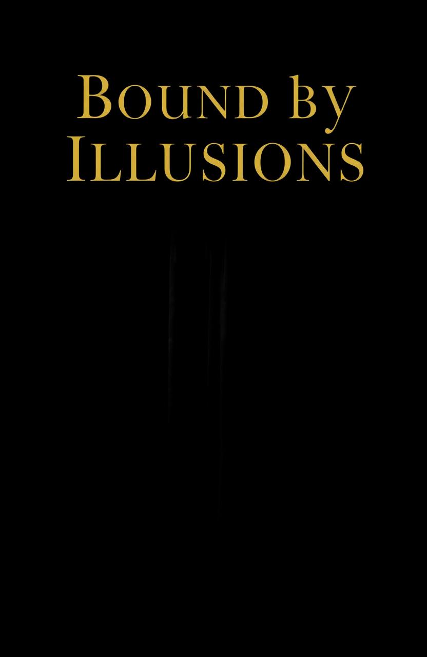 A minimalist book cover design for "Bound by Illusions", featuring a striking image of a closed, dark velvet curtain slightly parted in the center, hinting at mystery and intrigue behind it