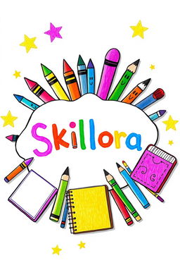 A whimsical illustration styled like a child's drawing, featuring the title 'Skillora' prominently in a playful, colorful font