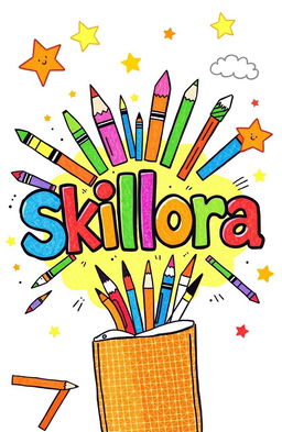 A whimsical illustration styled like a child's drawing, featuring the title 'Skillora' prominently in a playful, colorful font