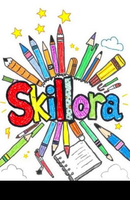 A whimsical illustration styled like a child's drawing, featuring the title 'Skillora' prominently in a playful, colorful font