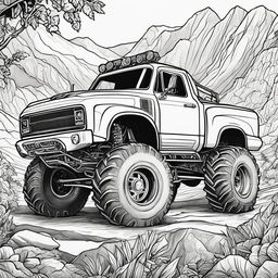 Black and white colouring book page featuring a highly detailed third monster truck on challenging terrain.