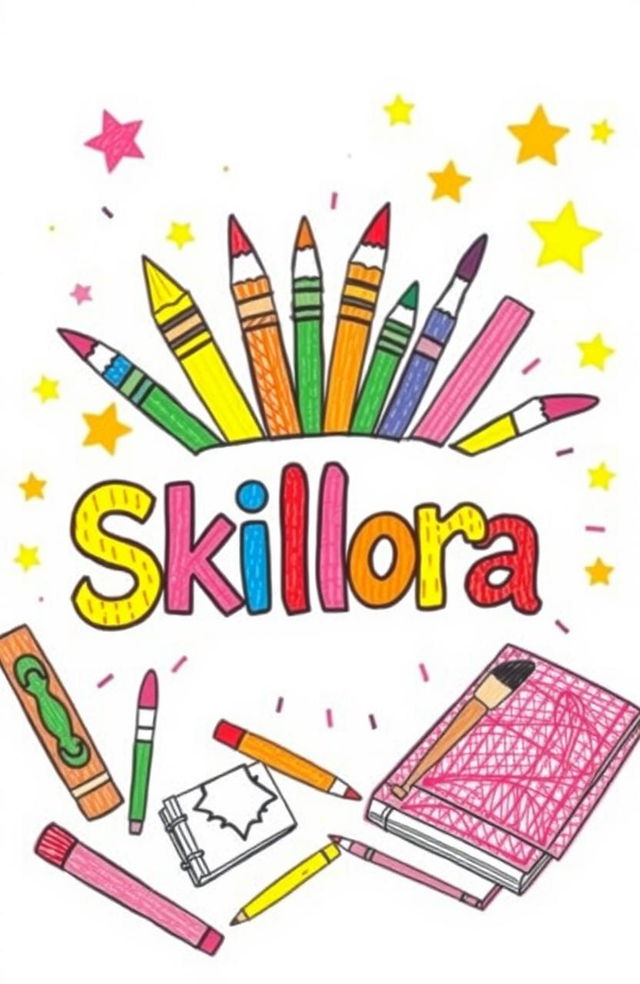 A whimsical illustration styled like a child's drawing, featuring the title 'Skillora' prominently in a playful, colorful font