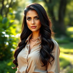 A full-body portrait of a 35-year-old woman standing elegantly in a natural setting, wearing a stylish shirt that harmonizes with the outdoors