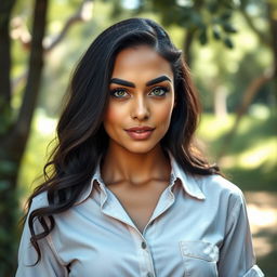 A full-body portrait of a 35-year-old woman standing elegantly in a natural setting, wearing a stylish shirt that harmonizes with the outdoors