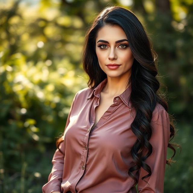 A full-body portrait of a 35-year-old woman standing elegantly in a natural setting, wearing a stylish shirt that harmonizes with the outdoors