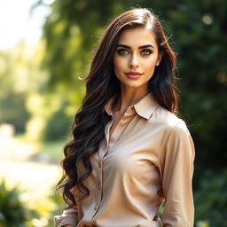 A full-body portrait of a 35-year-old woman standing elegantly in a natural setting, wearing a stylish shirt that harmonizes with the outdoors