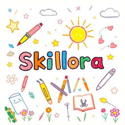 A cheerful illustration resembling a child's drawing, featuring the title 'Skillora' in a colorful, playful font at the center