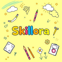 A cheerful illustration resembling a child's drawing, featuring the title 'Skillora' in a colorful, playful font at the center