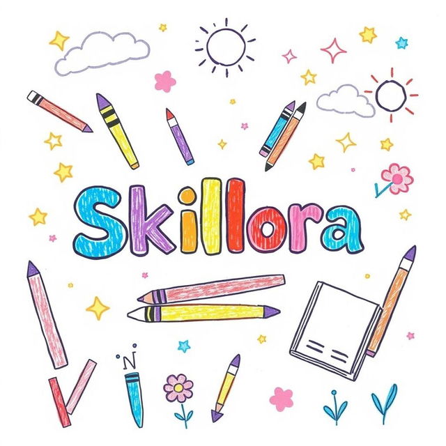 A cheerful illustration resembling a child's drawing, featuring the title 'Skillora' in a colorful, playful font at the center