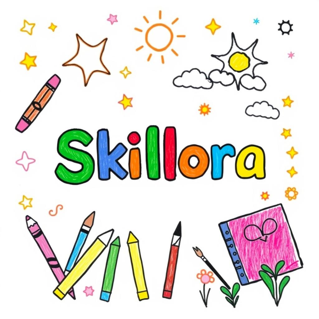 A cheerful illustration resembling a child's drawing, featuring the title 'Skillora' in a colorful, playful font at the center