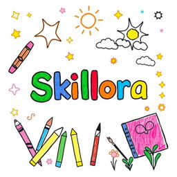 A cheerful illustration resembling a child's drawing, featuring the title 'Skillora' in a colorful, playful font at the center