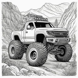 Black and white colouring book page featuring a highly detailed third monster truck on challenging terrain.