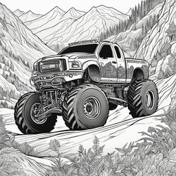 Black and white colouring book page featuring a highly detailed third monster truck on challenging terrain.