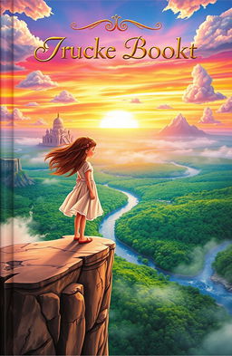 A captivating book cover featuring a young girl standing on a cliff overlooking a vast, enchanting landscape