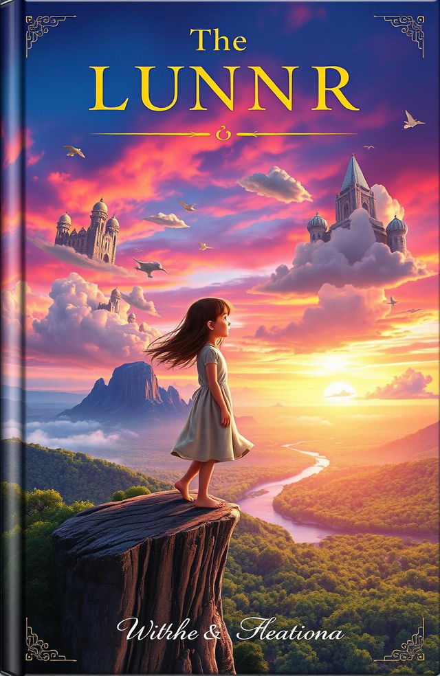 A captivating book cover featuring a young girl standing on a cliff overlooking a vast, enchanting landscape