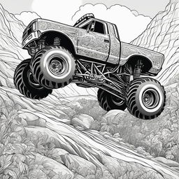 Black and white colouring book page featuring a highly detailed third monster truck on challenging terrain.