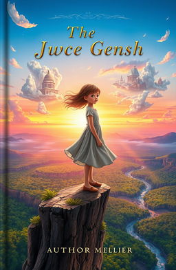 A captivating book cover featuring a young girl standing on a cliff overlooking a vast, enchanting landscape