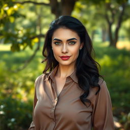A full-body portrait of a 35-year-old woman standing gracefully in a natural setting, wearing a stylish shirt that complements the environment