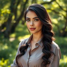 A full-body portrait of a 35-year-old woman standing gracefully in a natural setting, wearing a stylish shirt that complements the environment