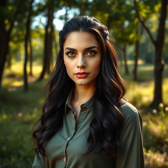 A full-body portrait of a 35-year-old woman standing gracefully in a natural setting, wearing a stylish shirt that complements the environment