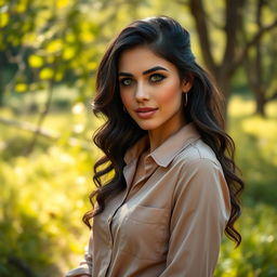 A full-body portrait of a 35-year-old woman standing gracefully in a natural setting, wearing a stylish shirt that complements the environment