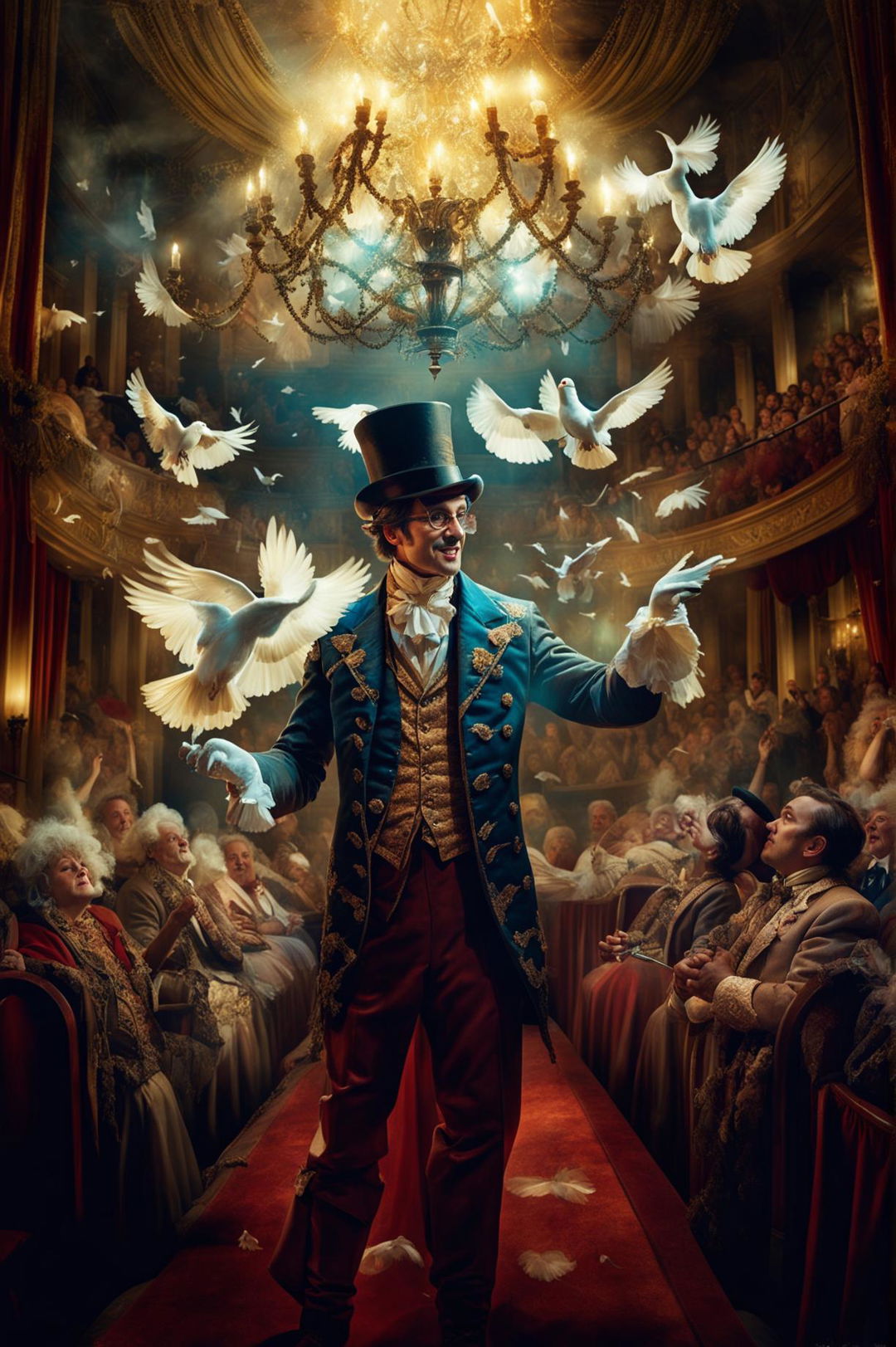 An 18th-century magician in an opulent tailcoat performs on stage under gaslight chandeliers, captivating an audience dressed in period attire with a trick involving doves flying out from his top hat