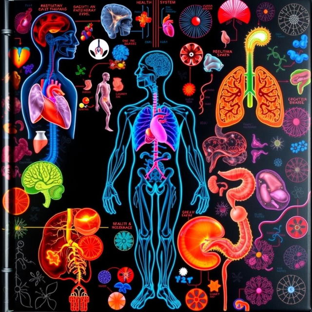 A visually striking cover page for a human pathophysiology textbook, filled with intricate and colorful images representing various human body systems and diseases