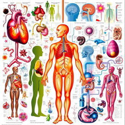 A visually striking cover page for a human pathophysiology textbook, filled with intricate and colorful images representing various human body systems and diseases
