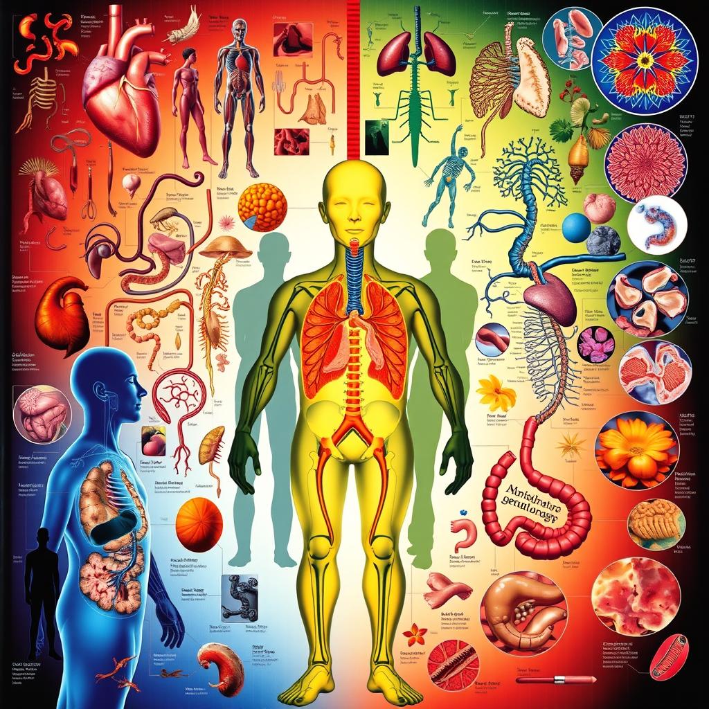 A visually striking cover page for a human pathophysiology textbook, filled with intricate and colorful images representing various human body systems and diseases