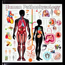 A visually striking cover page for a human pathophysiology textbook, filled with intricate and colorful images representing various human body systems and diseases