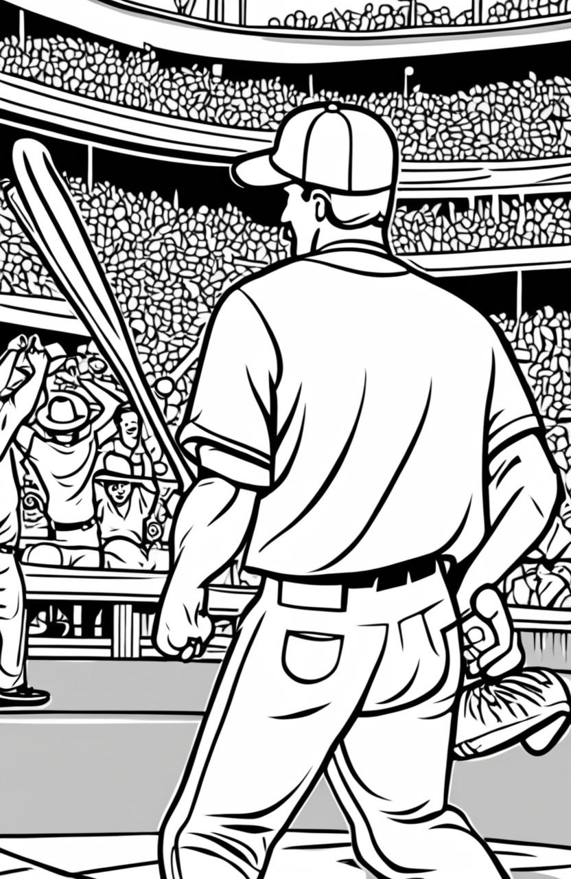 Coloring page of a baseball player hitting a home run with surprised pitcher and crowd in the background.