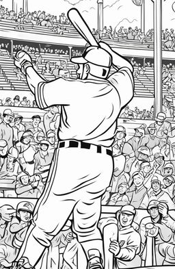 Coloring page of a baseball player hitting a home run with surprised pitcher and crowd in the background.