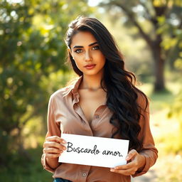 A 35-year-old woman standing in full body in a stylish shirt, posing outdoors in nature