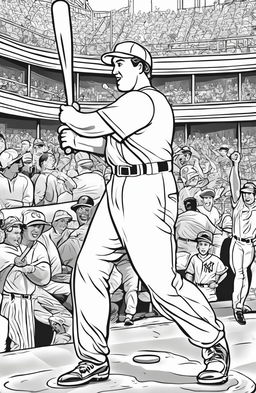 Coloring page of a baseball player hitting a home run with surprised pitcher and crowd in the background.