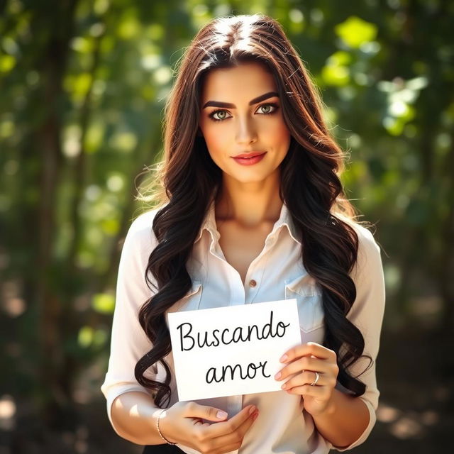 A 35-year-old woman standing in full body in a stylish shirt, posing outdoors in nature