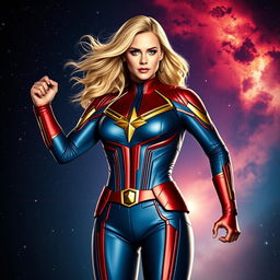 A stunning portrayal of Captain Marvel, also known as Carol Danvers, in her iconic full costume from the MCU