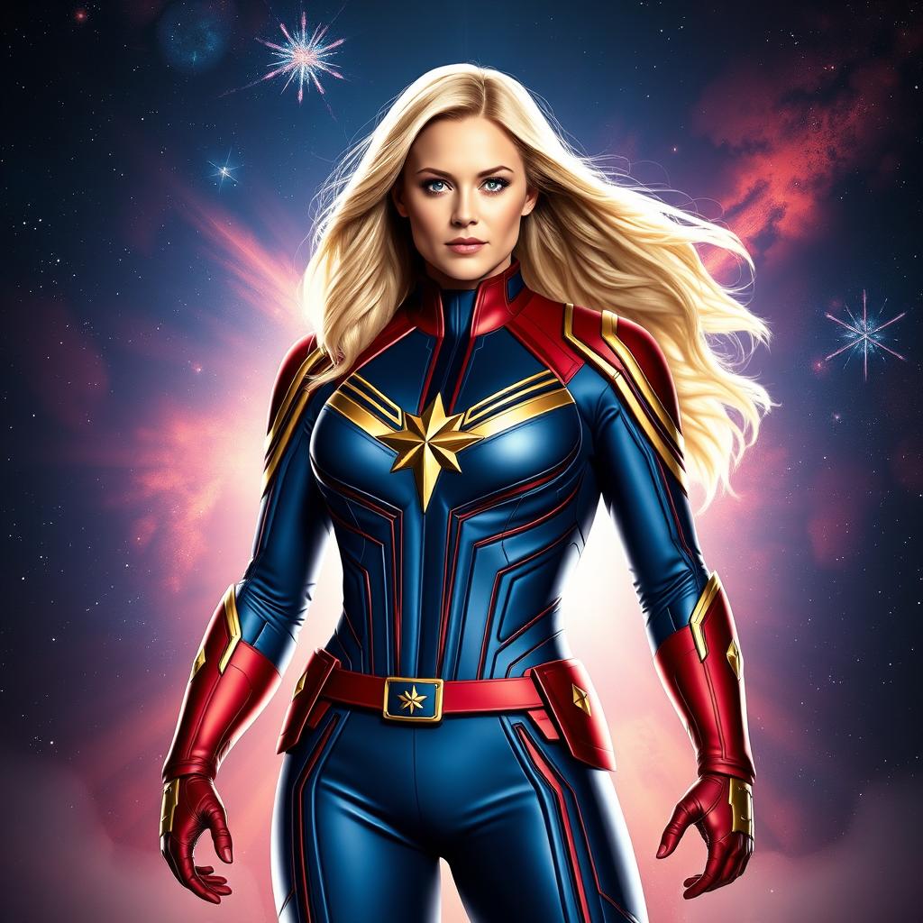 A stunning portrayal of Captain Marvel, also known as Carol Danvers, in her iconic full costume from the MCU