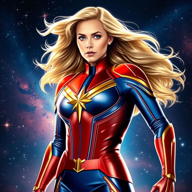 A stunning portrayal of Captain Marvel, also known as Carol Danvers, in her iconic full costume from the MCU