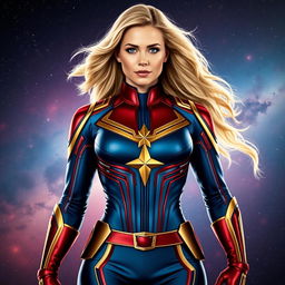 A stunning portrayal of Captain Marvel, also known as Carol Danvers, in her iconic full costume from the MCU