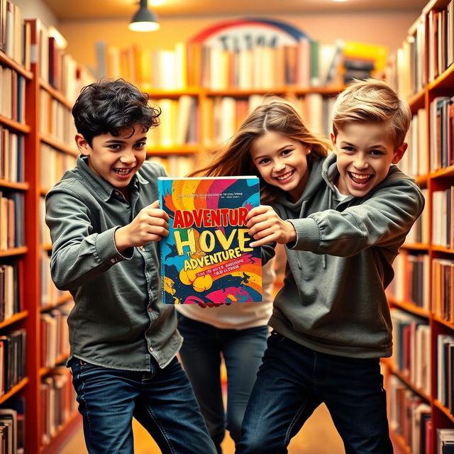 A dynamic and dramatic scene of two boys and one girl engaged in a playful tug-of-war over a colorful novel cover