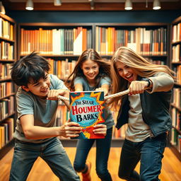 A dynamic and dramatic scene of two boys and one girl engaged in a playful tug-of-war over a colorful novel cover