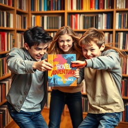 A dynamic and dramatic scene of two boys and one girl engaged in a playful tug-of-war over a colorful novel cover