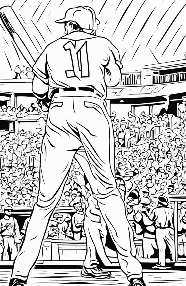 Coloring page of a baseball player hitting a home run with surprised pitcher and crowd in the background.