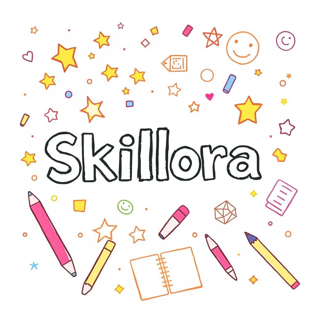 An illustration styled like a drawing created by a 7th grade student, featuring the title 'Skillora' prominently in the center with a bold, youthful font