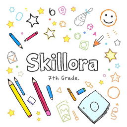 An illustration styled like a drawing created by a 7th grade student, featuring the title 'Skillora' prominently in the center with a bold, youthful font